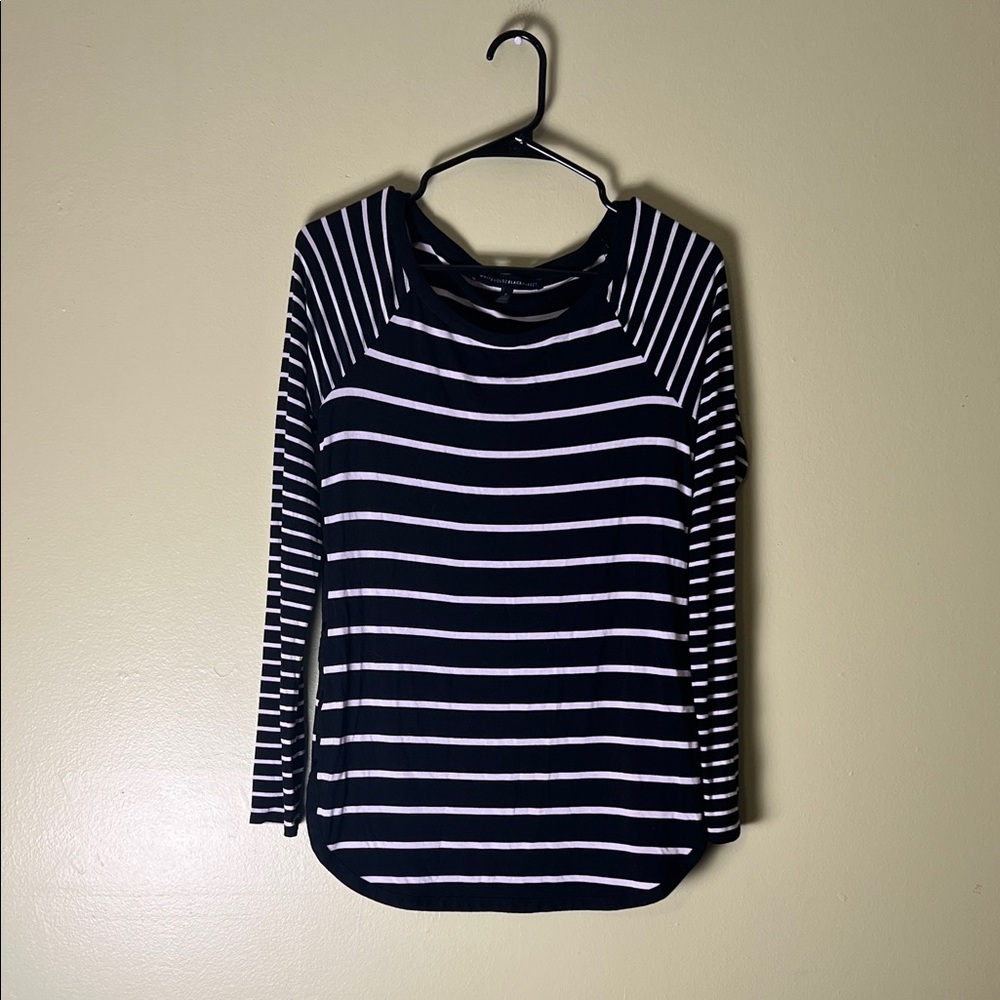 White House Black Market Navy and White Striped Long Sleeve Top